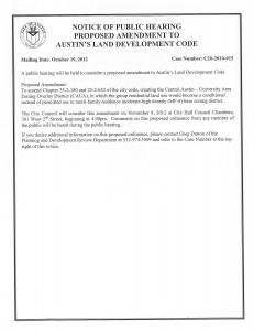 Meeting Notice - Amendment to City Code creating Central Austin - University Overlay Dist. - Group residential conditional use