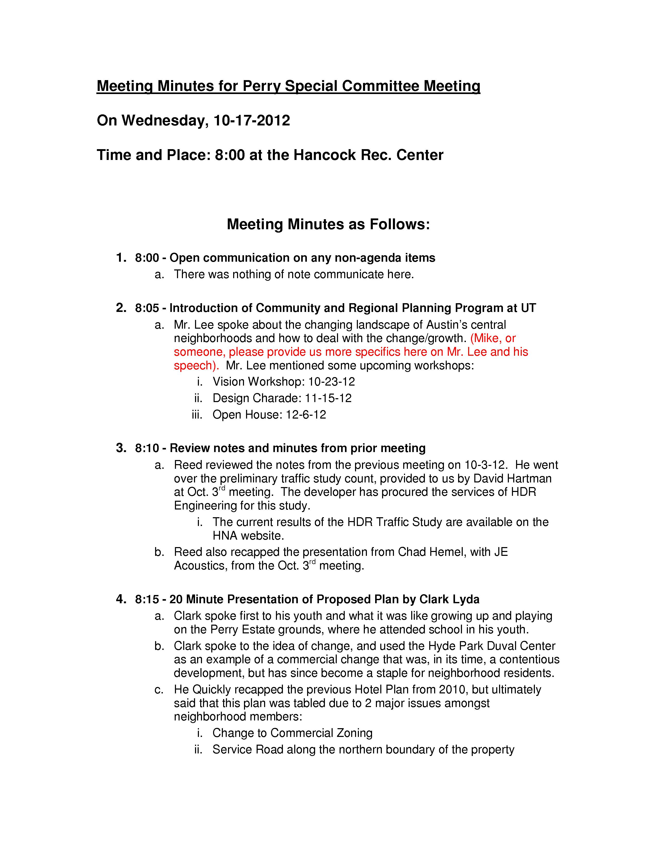 Meeting Minutes for Perry Special Committee Meeting - 10-17-12