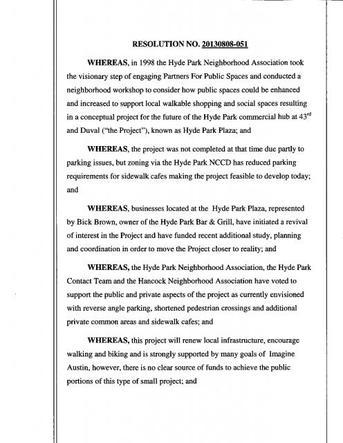 City Council Resolution 20130808-051 Regarding Hyde Park Plaza