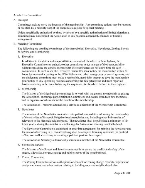 (Historical) Proposed Article 11 Language for Hancock Neighborhood Association Bylaws - August 9, 2011