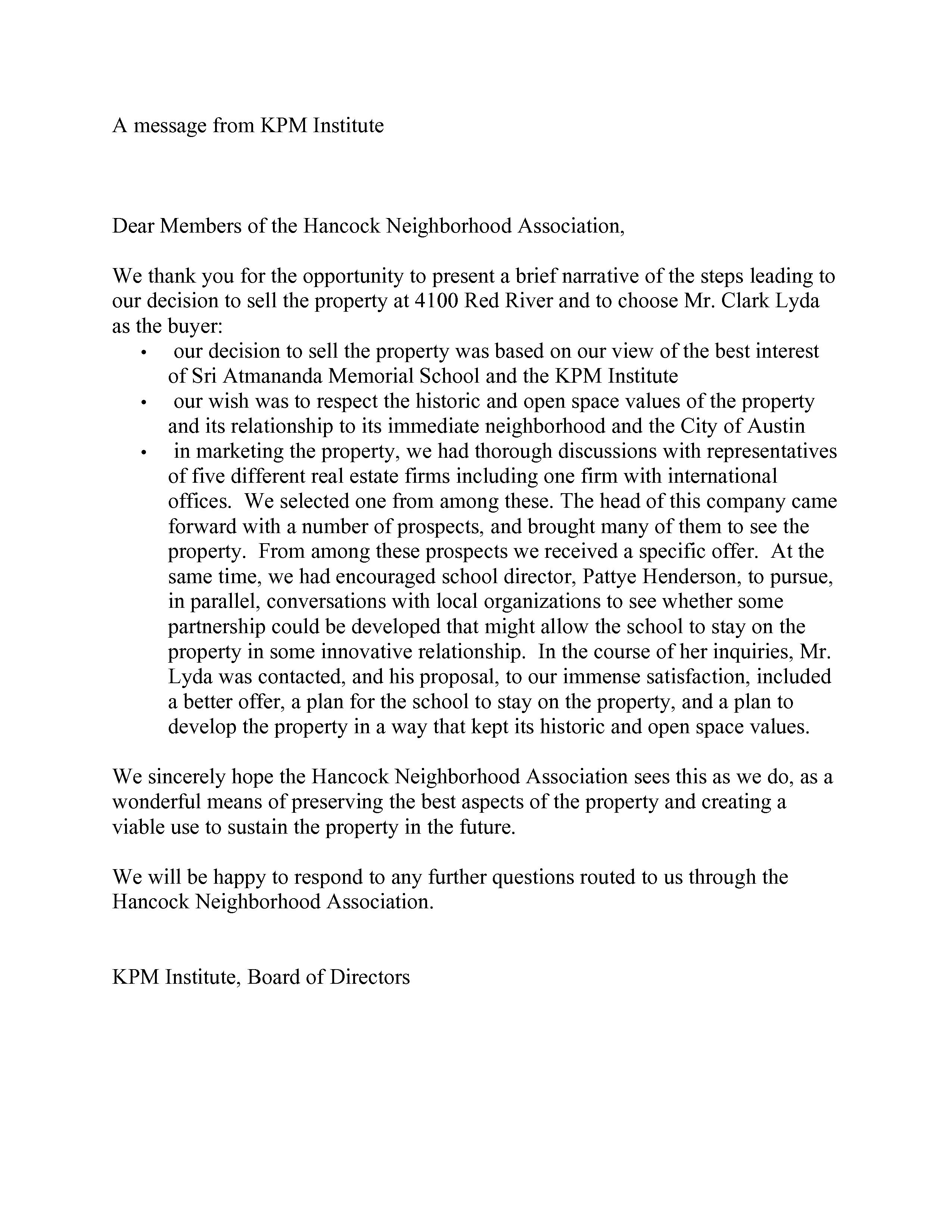 Letter to HNA, July 15 - KPM Institute, Board of Directors