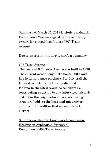 607 Texas Ave. Landmark Commission Hearing Summary March 25, 2019.pdf