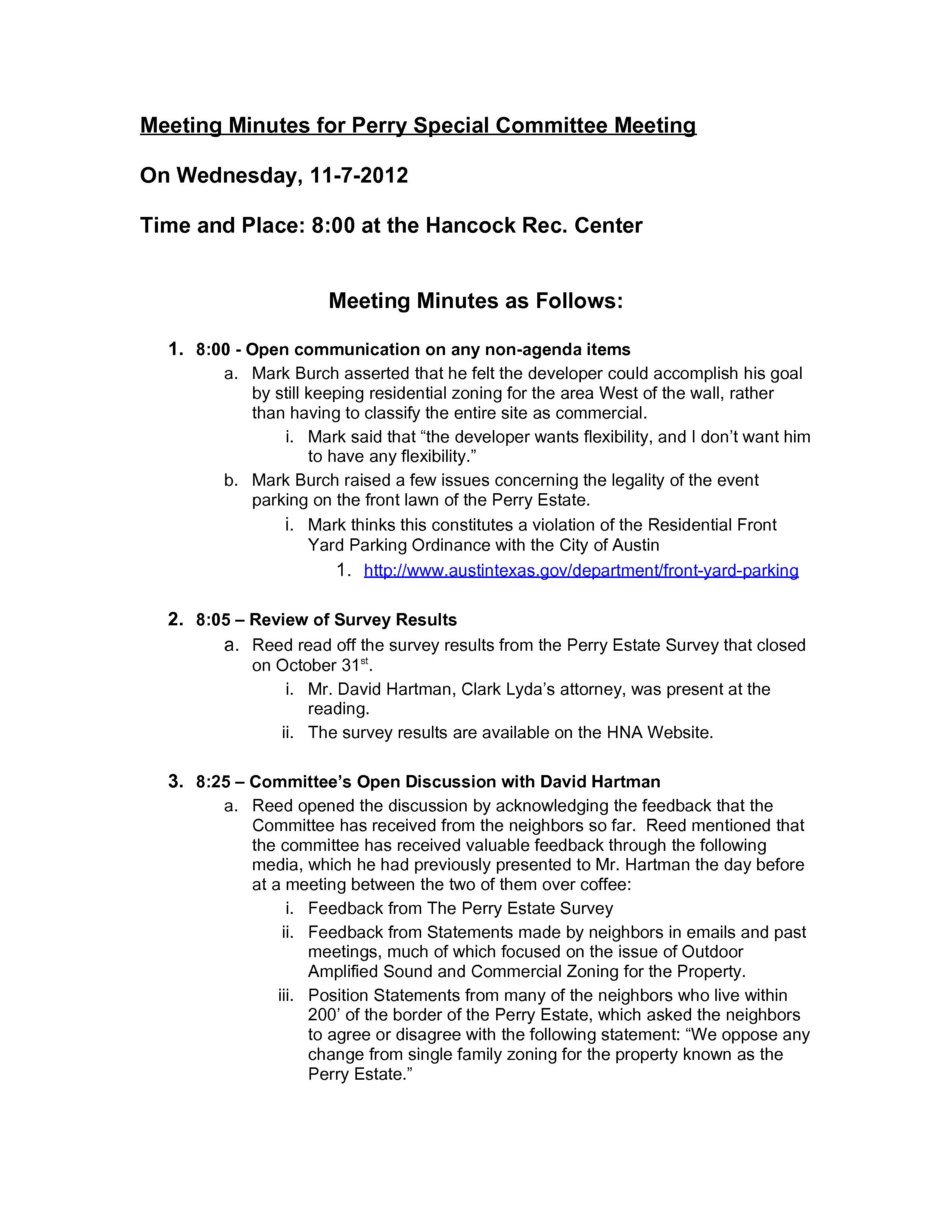 Meeting Minutes for Perry Special Committee Meeting - 11-7-2012  