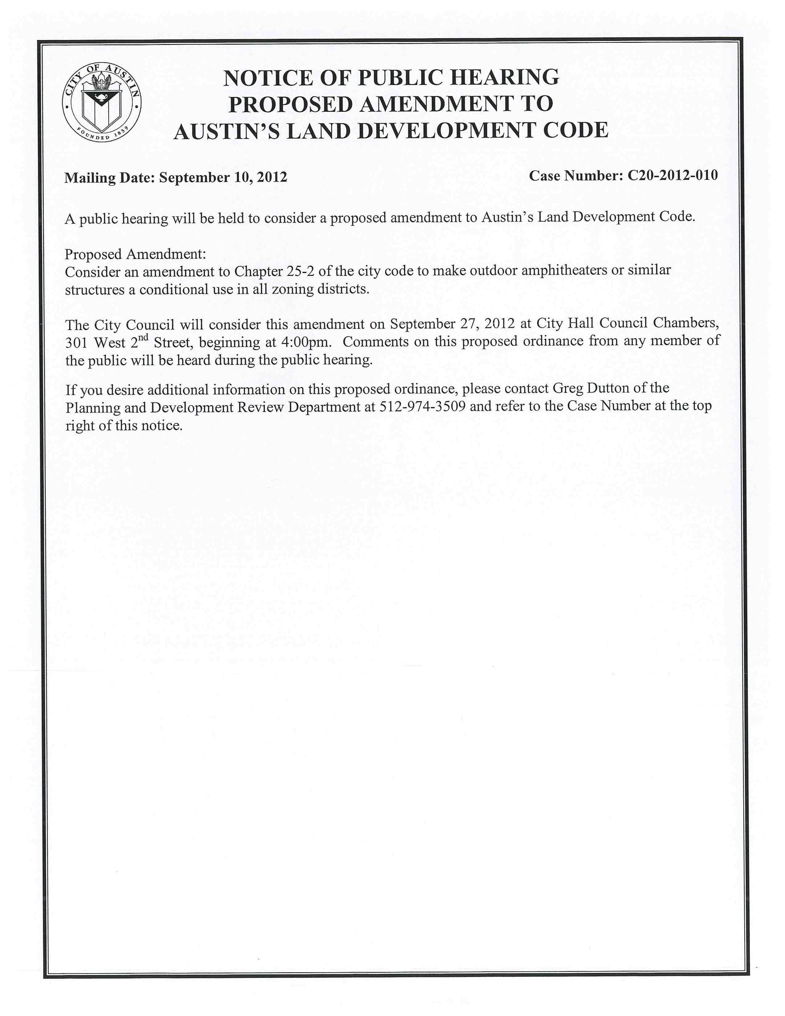 Meeting Notice - Proposed Amendment to City Code to make outdoor amphitheaters or similar structures conditional use